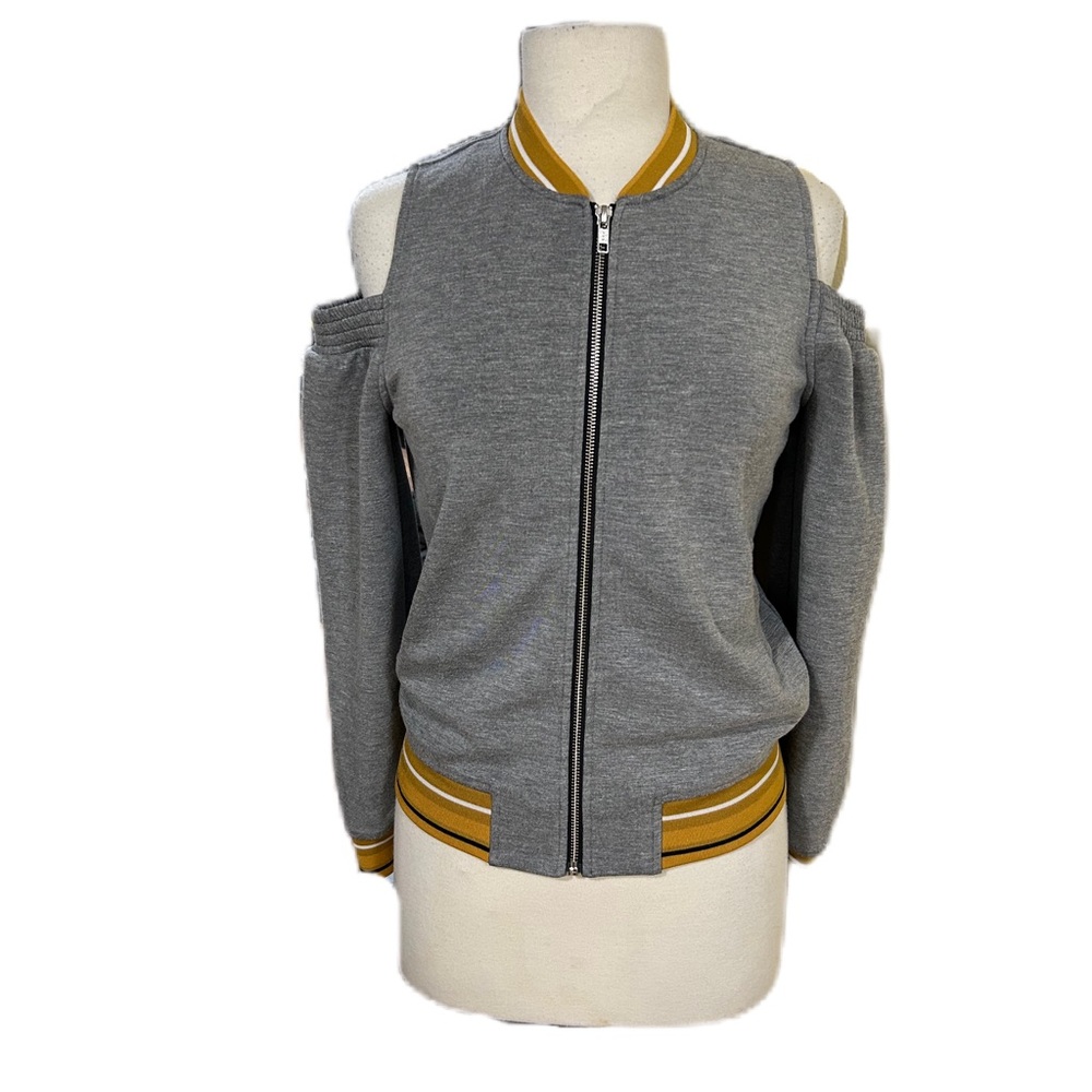 Trouve Jacket Sz XSWomen’s Gray W/ Mustard Yellow Cold Shoulder Bomber Front Zip